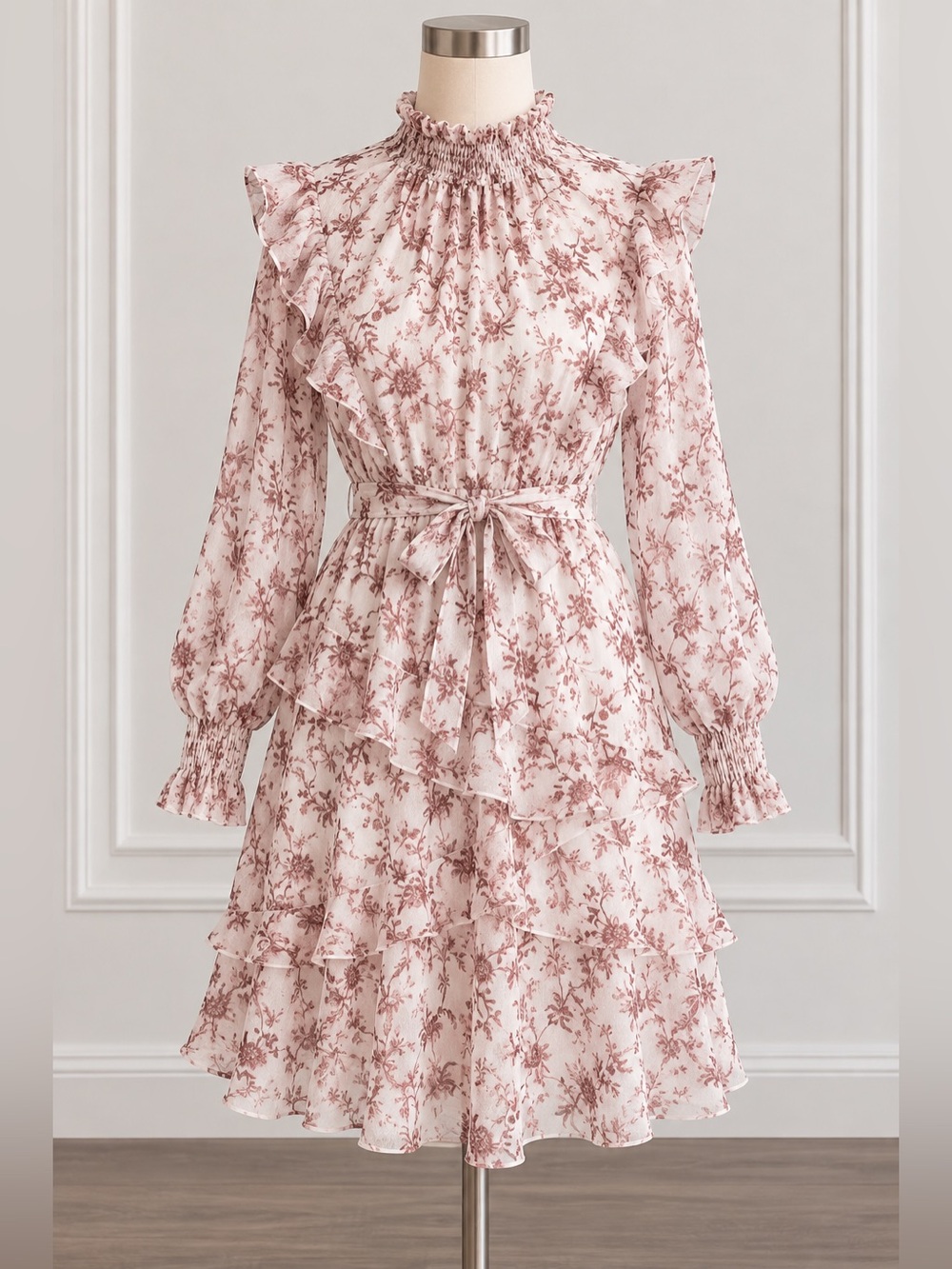 MINKPINK Blush Floral Ruffle Long-Sleeve Mini Dress